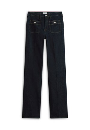 Tmavě modré džínové kalhoty s rovným střihem nohavic, vybavené dvěma předními kapsami a viditelnými švy jako ozdobou. Bez viditelného opotřebení.