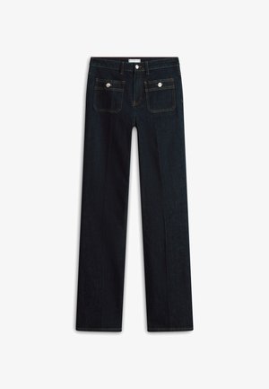 Donkerblauwe spijkerbroek met een rechte pijp, voorzien van twee voorzakken en zichtbare stiknaden. Geen zichtbare slijtage.