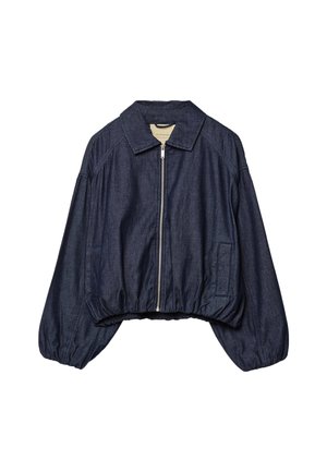 Ciemnoniebieska, krótka dżinsowa kurtka z przodu na zamek błyskawiczny, szerokimi długimi rękawami, kołnierzem oraz elastycznym dołem i mankietami.