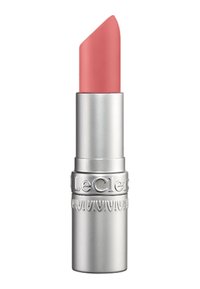 Lipstick in einer eleganten silbernen Tube. Der Lippenstift hat einen sanften Rosaton mit einer glatten Textur und trägt den eingravierten Markennamen "LeClerc" auf dem Deckel.