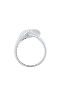 Bague en argent avec un design lisse et courbé, agrémentée d'un accent en forme de feuille qui enveloppe l'anneau, réfléchissant la lumière avec une finition polie.