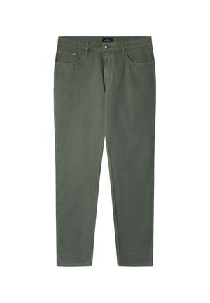 Chinos verde oliva con corte recto, que cuentan con bolsillos frontales, un bolsillo trasero y cierre de botón metálico. Tejido de algodón suave.