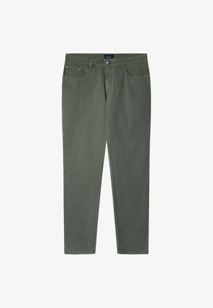 Olivinvihreät chinot suoralinjaisella leikkauksella, joissa on etutaskut, yksi takatasku ja metallinappikiinnitys. Pehmeää puuvillakangasta.