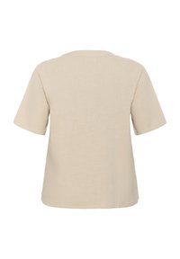 Korte mouwen beige top, gemaakt van gestructureerde stof, met een ronde halslijn en een ontspannen pasvorm. Achteraan is het ontwerp eenvoudig zonder versieringen.