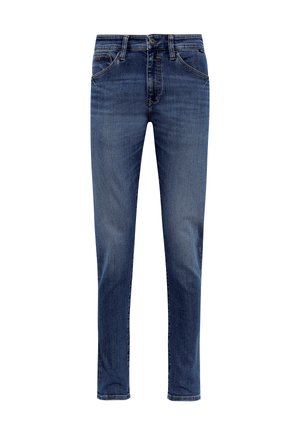 Dark blue denim jeans with a straight-fit design, featuring subtle whiskering, five pockets, and a mid-rise waist with a button closure.
