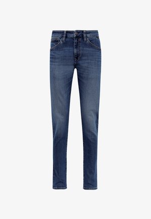 Dark blue denim jeans with a straight-fit design, featuring subtle whiskering, five pockets, and a mid-rise waist with a button closure.