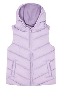 Lila wattierte Weste mit Kapuze, mit Zickzack-Stich und zwei Seitentaschen, glatte Textur und Frontreißverschluss.