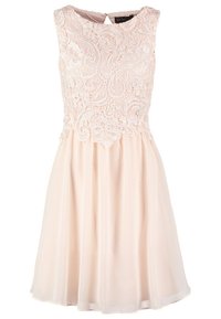 Abito in pizzo e chiffon color rosa tenue. Design senza maniche con corpetto in pizzo floreale e gonna fluida. Chiusura con zip posteriore, scollatura tonda.