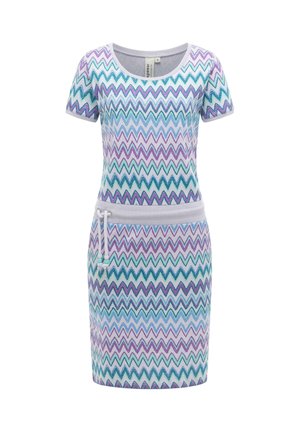 Kortærmet kjole med flerfarvet zigzag-mønster i lilla, teal og blå, med et lysegråt taljebånd med snøre.