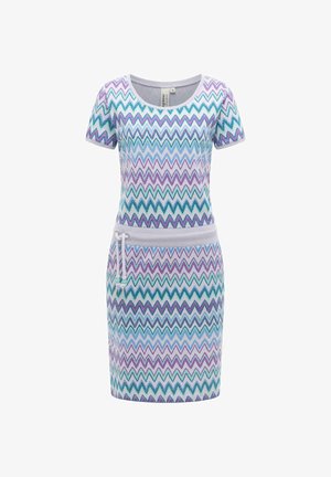 Robe à manches courtes avec motif en zigzag multicolore en violet, sarcelle et bleu, dotée d'une ceinture gris clair avec un cordon de serrage.
