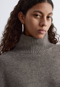 Genähter Pullover in einem gedämpften Braunton, mit einem gerippten Rollkragen und weicher Textur. Sichtbares silbernes Creolen-Ohrring.