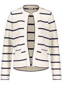 Jacket s pruhy v krémové a námořnické modři, s kulatým výstřihem, otevřeným předním dílem a dvěma předními kapsami. Tkanina vypadá texturovaně a je lehká.