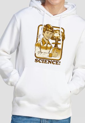 Boy giving thumbs up in retro style next to nuclear explosion with atomic symbol, text "SCIENCE!" on white hoodie.