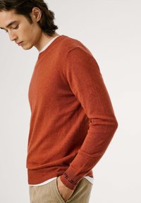 Suéter de color óxido con cuello redondo, puños y dobladillo acanalados. Fabricado en una tela suave, presenta un acabado texturizado sutil y un detalle de logo.