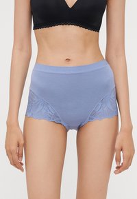 Blue cotton briefs with a lace side panel. The waistband is smooth, and the lace features a floral pattern with scalloped edges.