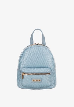 Light blue textured backpack made of synthetic material, featuring a rounded shape, top handle, and front zippered pocket with gold-tone hardware.