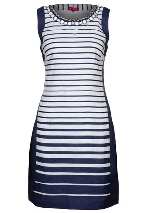 Robe sans manches avec des rayures horizontales bleu marine et blanches, un col rond agrémenté de détails en forme de chaîne, et une coupe ajustée.