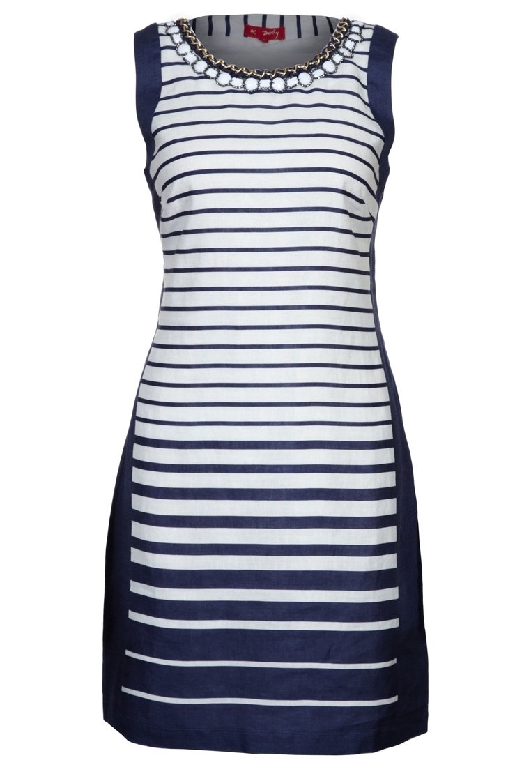 Sukienka bez rękawów z granatowo-białymi poziomymi paskami, okrągłym dekoltem ozdobionym łańcuszkami i dopasowanym krojem.