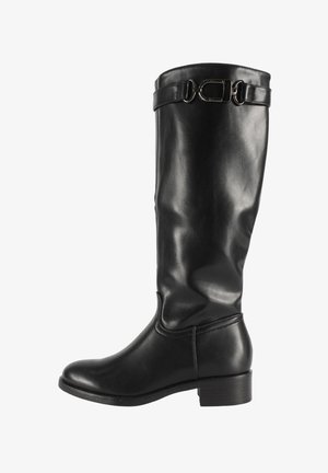Stivali in pelle nera al ginocchio con una finitura liscia, caratterizzati da un dettaglio in fibbia laterale e un tacco basso a blocco. Semplice dettaglio di cucitura su tutta la superficie.