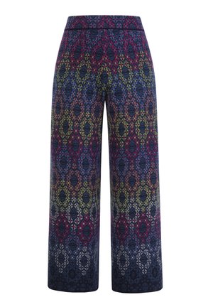 Wide-leg pants in navy fabric featuring a colorful, geometric pattern with shades of pink, green, orange, and white. Smooth texture, elastic waistband.