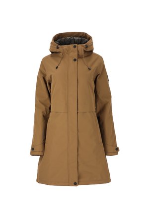 Braune wasserdichte Jacke mit Kapuze, vorderer Druckknopfschluss, zwei seitlichen Taschen, verstellbarem Kordelzug und geknöpften Bündchen. Glatte Textur.