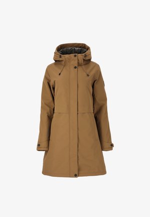 Braune wasserdichte Jacke mit Kapuze, vorderer Druckknopfschluss, zwei seitlichen Taschen, verstellbarem Kordelzug und geknöpften Bündchen. Glatte Textur.