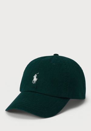 Grønn bomull baseball caps med buet skjerm, med en hvit brodert logo av en ridder. Enkelt design med ventilasjonshull.