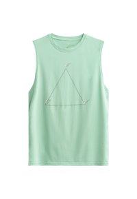 Maglietta senza maniche verde chiaro realizzata in cotone, con una grafica triangolare che presenta tre personaggi ad ogni vertice. Morbida al tatto.