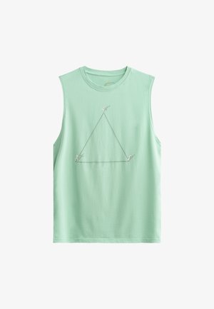 Lichtgroene mouwloze T-shirt van katoen, met een driehoekige grafiek waarin drie karakters zich aan elke hoek bevinden. Zachte textuur.