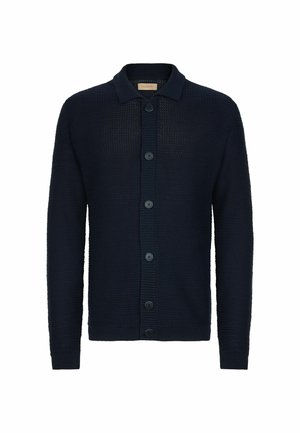 Marinefarbener Strickcardigan mit Knopfverschluss, geripptem Kragen und Bündchen, strukturiertem Stoff und gleichmäßig verteilten Knöpfen.