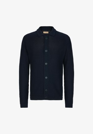 Marinblå stickad cardigan med knäppning framtill, ribbat krage och muddar, texturerat tyg och jämnt fördelade knappar.