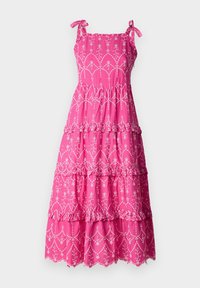 Vestido rosa de capas con bordado floral blanco, tirantes ajustables y dobladillo en punta. Hecho de una tela de algodón liviana.