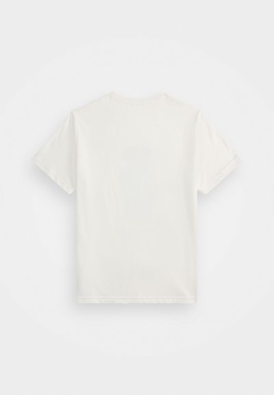 T-shirt de algodão branco, mangas curtas, corte padrão, decote redondo, textura lisa, sem gráficos ou padrões, bainha acabada.