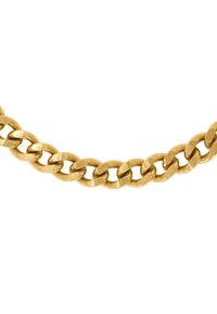Goldene Halskette mit dicken, ineinandergreifenden Gliedern und einer strukturierten Oberfläche, die ein glänzendes, reflektierendes Finish präsentiert.