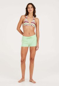 Bikini se pruhovaným vzorem v červené, bílé a zelené barvě; doplněné o světle zelené plavkové šortky. Textilie se zdá být hladká, lehká a neformální.