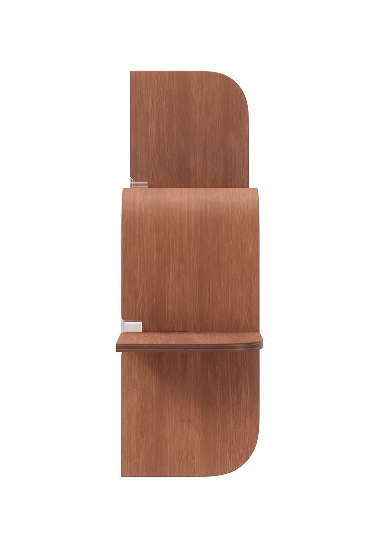 Holzregal mit geschwungenem Design, warmbraunem Finish, flacher Ablagefläche und metallischen Akzenten zur Montage.