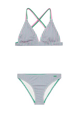 Pruhovaný bikiny set s trojuholníkovým vrchom a kríženými ramienkami a zodpovedajúcimi spodnými časťami. Farby zahŕňajú zelenú, ružovú a bielu. Mäkka látka.
