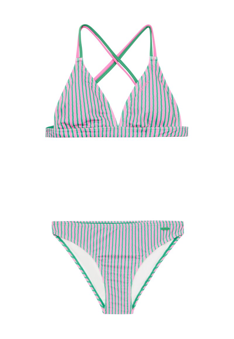 Pruhovaný bikiny set obsahující trojúhelníkový top s kříženými ramínky a odpovídající spodní částí. Barvy zahrnují zelenou, růžovou a bílou. Měkká tkanina.