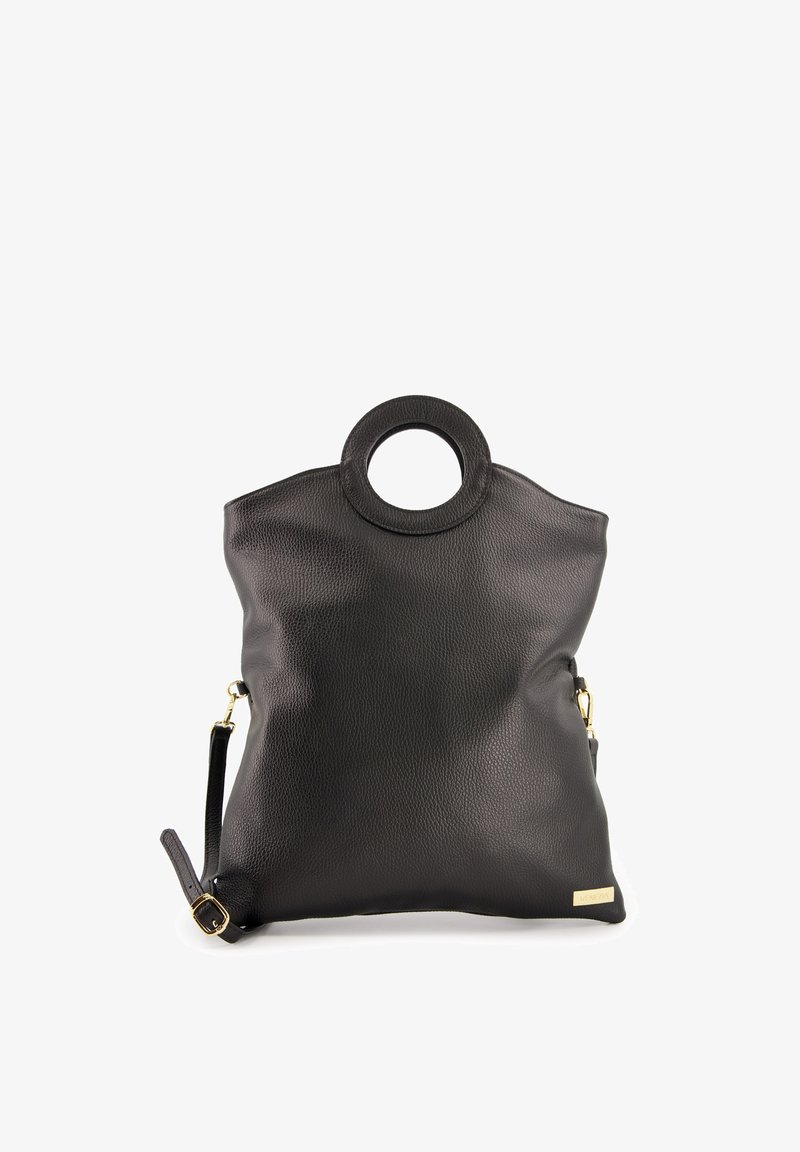 Black leather handbag with a rounded handle, soft texture, and gold hardware accents. Features a detachable strap and a minimalist design.