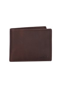 Billetera de cuero marrón con una textura suave, diseño bifold y logotipo de la marca en relieve. Presenta una apariencia simple y minimalista.