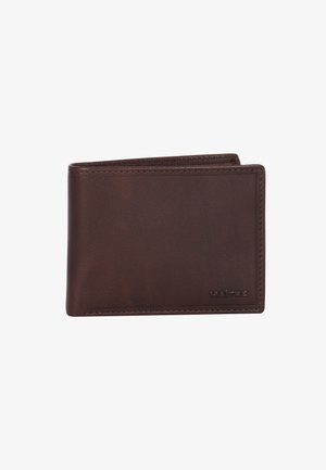 Brown leather wallet with a smooth texture, bifold design, and embossed brand logo. Features a simple, minimalist appearance.