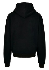 Black hooded sweatshirt featuring a soft texture, loose-fitting design, long sleeves, and a ribbed hem and cuffs. Back view shown.