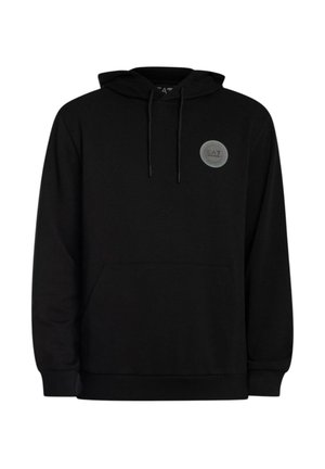 Felpa nera con cappuccio, tasca frontale a marsupio e toppa con logo rotondo EA7 sul petto sinistro. Cappuccio con coulisse e polsini e orlo a coste.