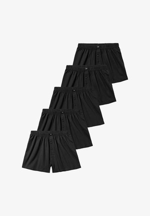Fünf Paar schwarze Baumwollboxershorts mit elastischem Bund und frontalen Knöpfen. Jedes Paar zeichnet sich durch eine lockere Passform und eine glatte Textur aus.