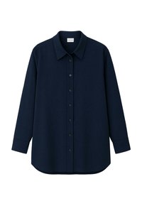 Camicia a maniche lunghe blu navy realizzata in tessuto liscio, con colletto classico, chiusura a bottoni e orlo arrotondato. Design semplice e pulito.