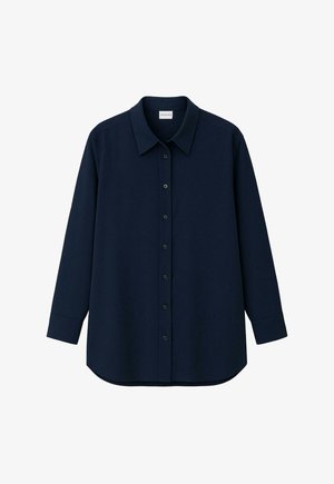 Sötétkék, hosszú ujjú ing sima anyagból, klasszikus gallérral, gombos elülső résszel és lekerekített szegéllyel. Egyszerű, letisztult dizájn.