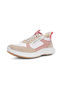 Sneaker mit einem Obermaterial aus weißem Leder, beigen Wildlederakzenten und rosa Akzenten. Verfügt über eine strukturierte Sohle und eine Schnürung.