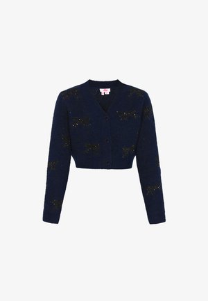 Marineblauwe cropped cardigan van een zachte tricot, met zwart glinsterende strikpatronen, v-hals en een sluiting met vijf knopen aan de voorkant.
