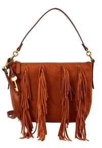 Zamszowa torebka w kolorze spalonej pomarańczy. Posiada długie frędzle z przodu, odczepiany pasek oraz zapięcie na zatrzask w kolorze złotym z detalem w kształcie klucza.