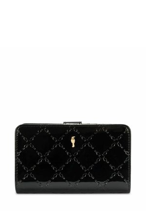 Czarny portfel z lakierowanej skóry, z pikowanym wzorem, złotym logo i zapięciem na zatrzask. Gładka tekstura o błyszczącym wykończeniu.